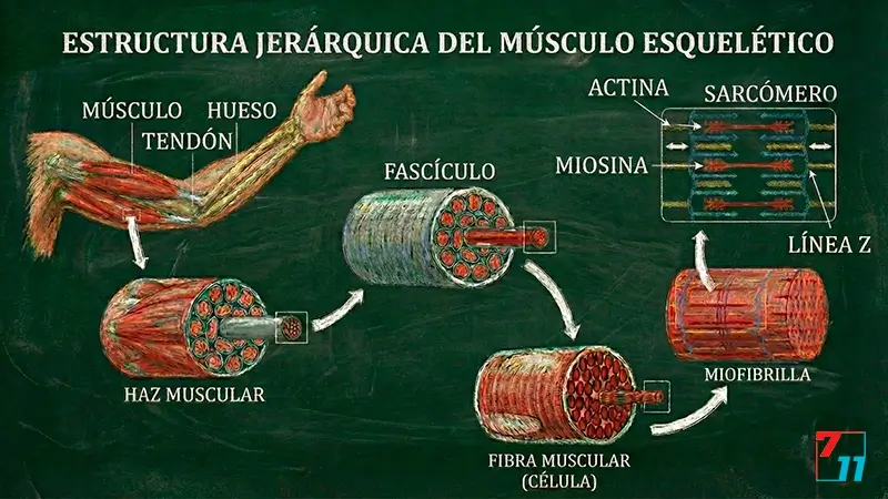 Estructura jerárquica del músculo esquelético: Fascículo, Fibra y Sarcómero